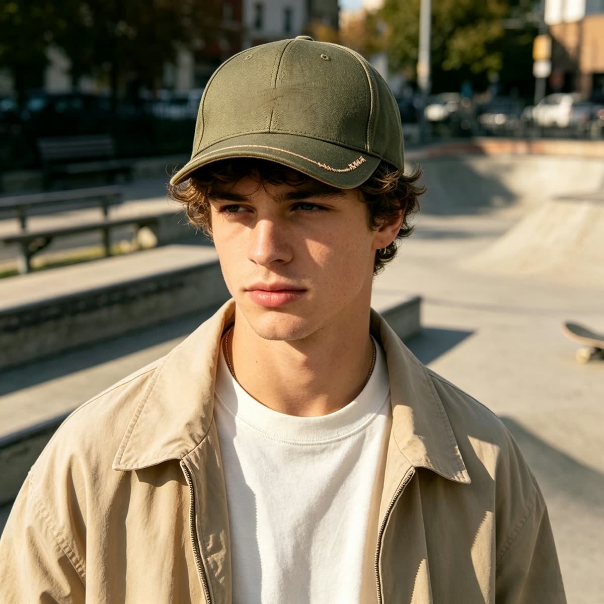 Custom Khaki Wavy Line Embroidery Baseball Cap on model