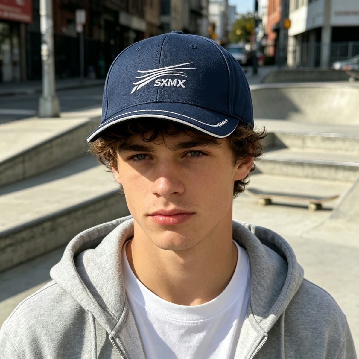 Custom Khaki Wavy Line Embroidery Baseball Cap on model