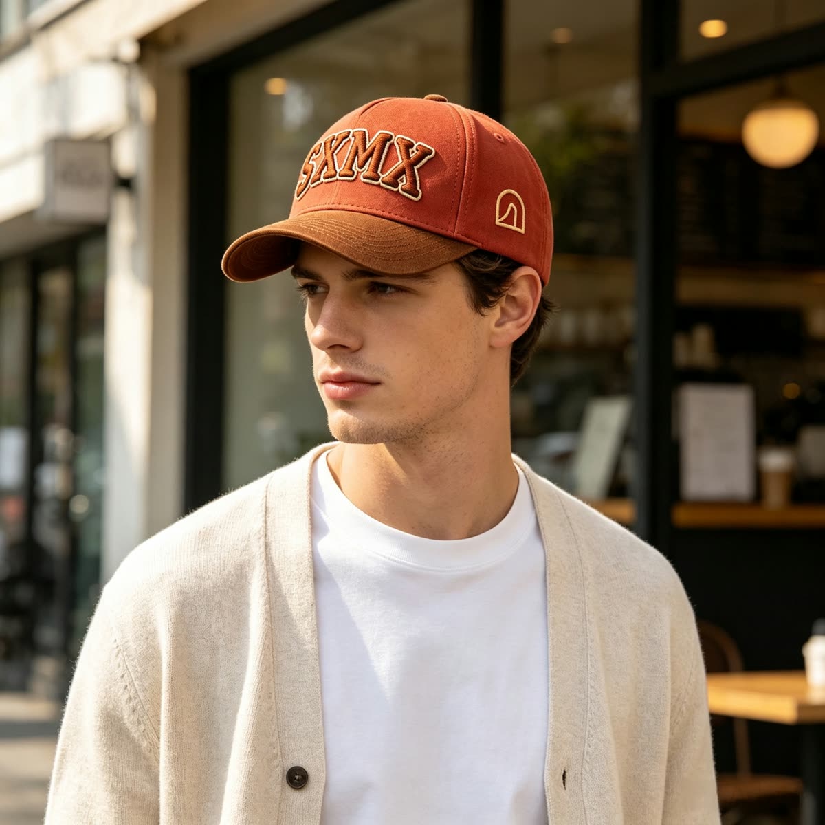 Custom Embroidered Lettering Trucker Cap with Snapback on model