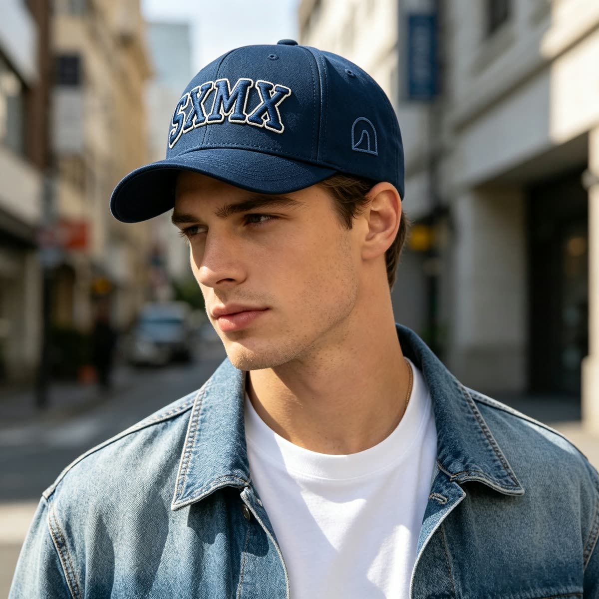 Custom Embroidered Lettering Trucker Cap with Snapback on model