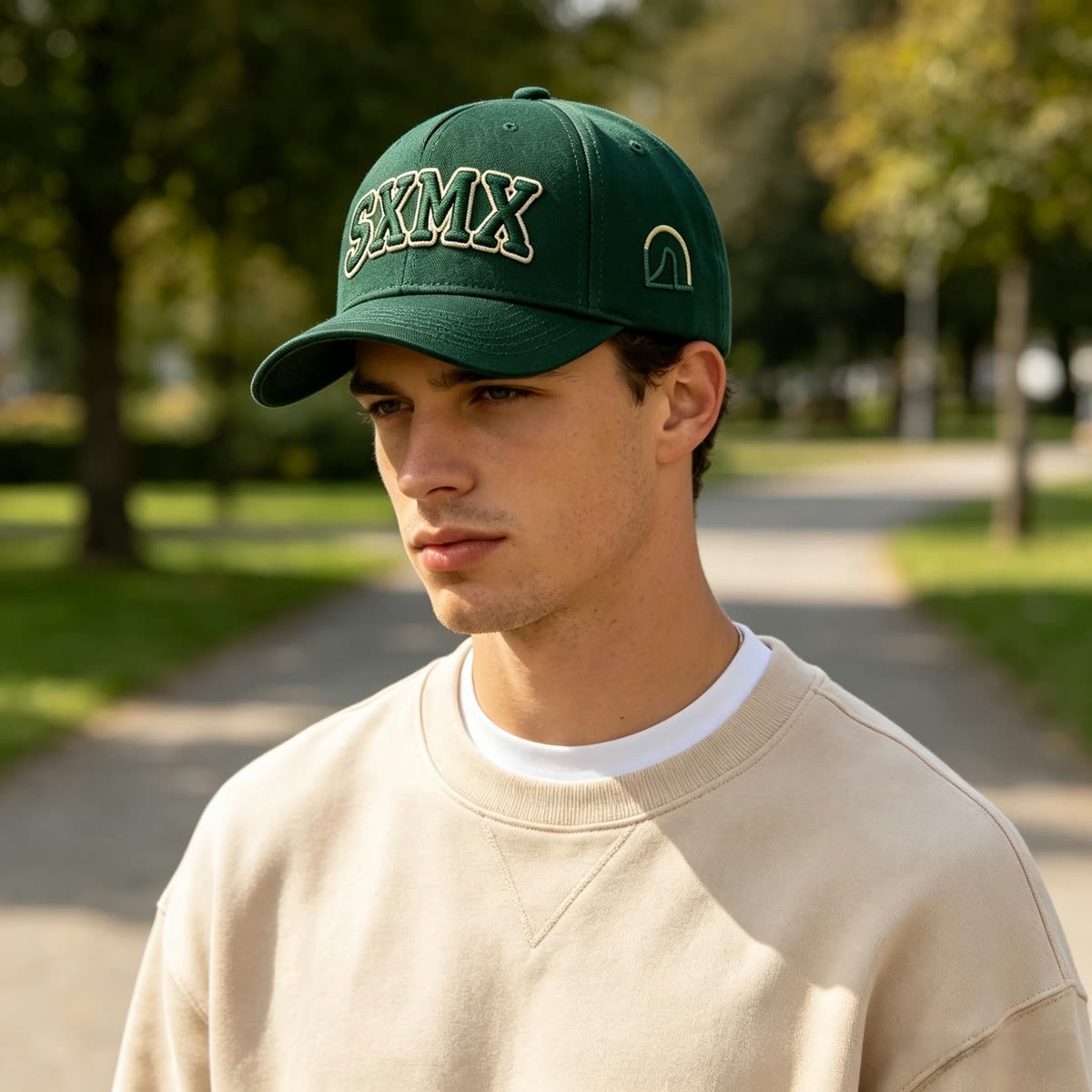Custom Embroidered Lettering Trucker Cap with Snapback on model