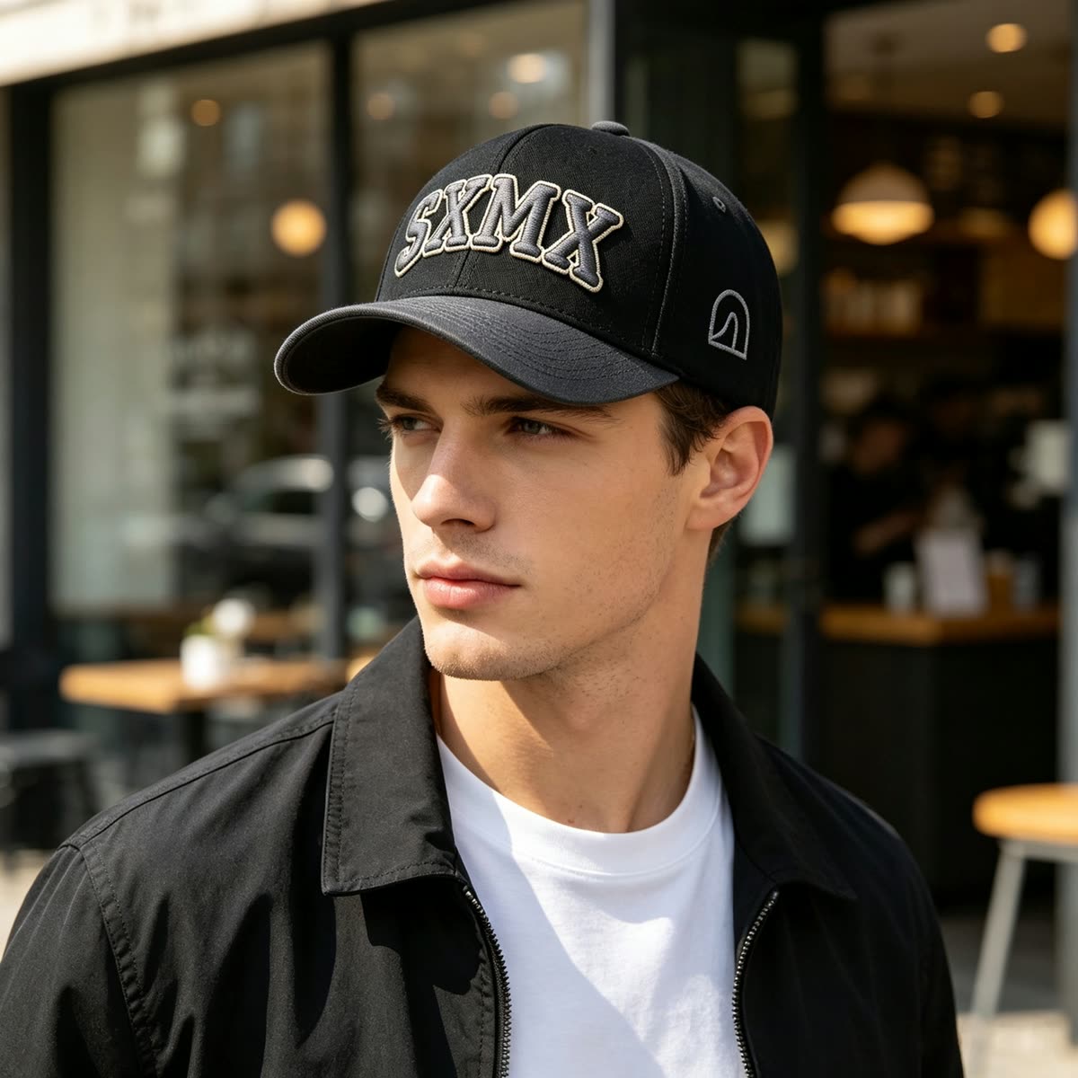 Custom Embroidered Lettering Trucker Cap with Snapback on model