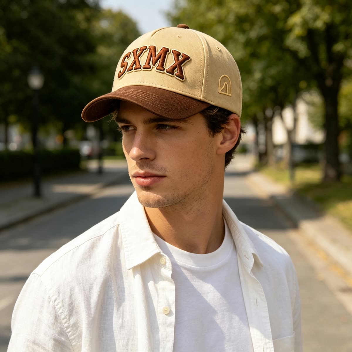 Custom Embroidered Lettering Trucker Cap with Snapback on model