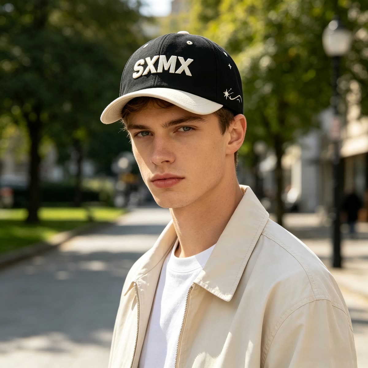 Custom Embroidered Lettering Dad Cap with Contrast Brim on model