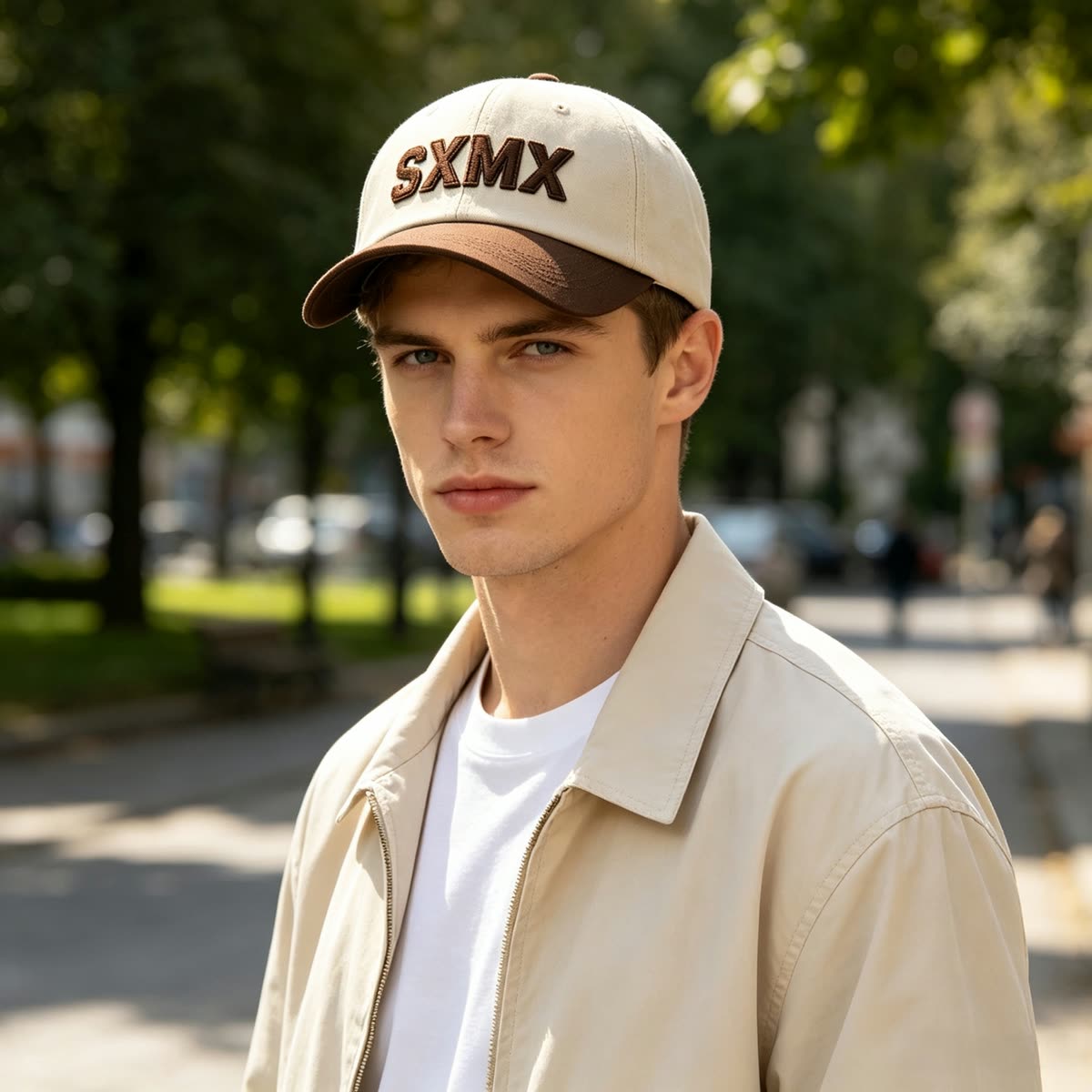 Custom Embroidered Lettering Dad Cap with Contrast Brim on model