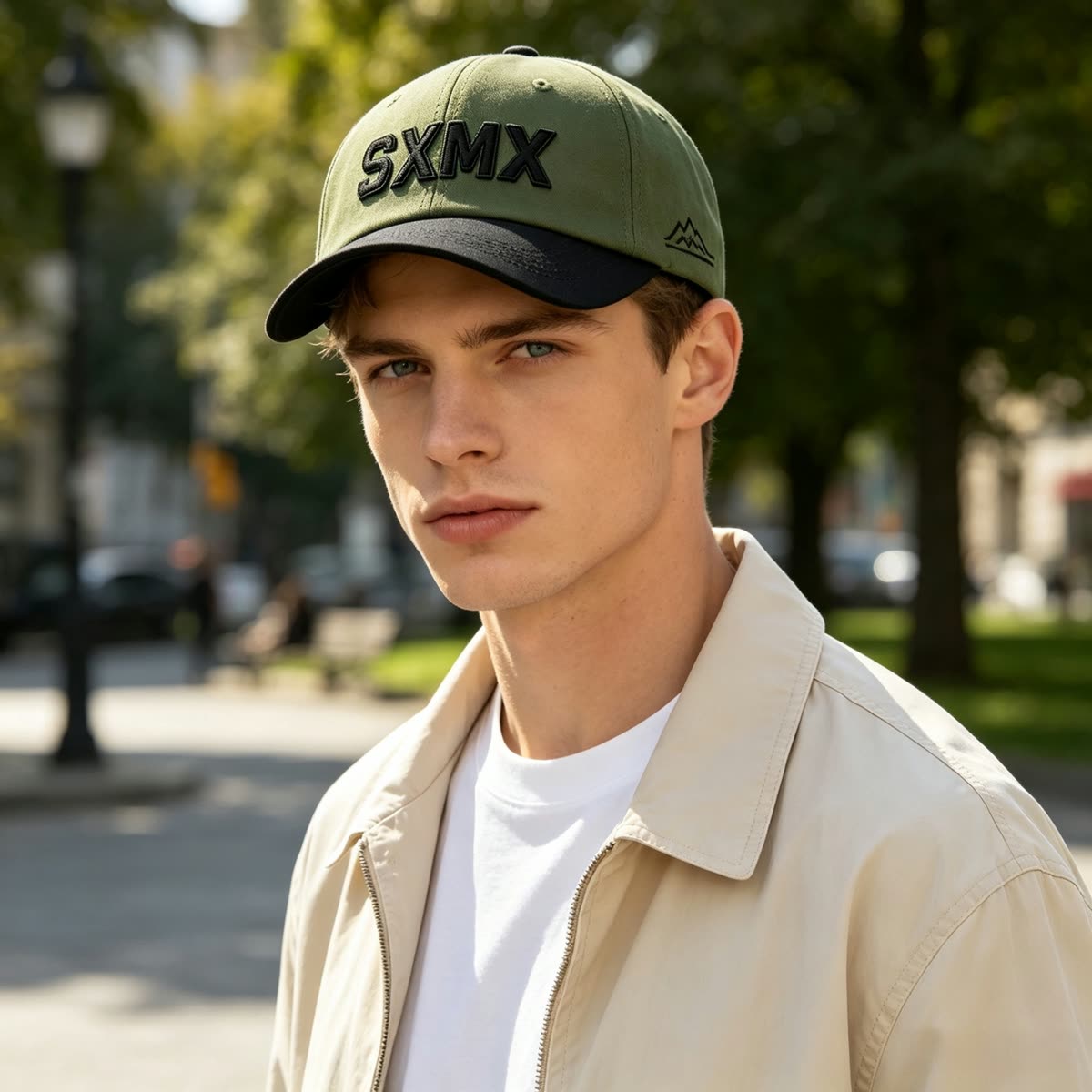 Custom Embroidered Lettering Dad Cap with Contrast Brim on model