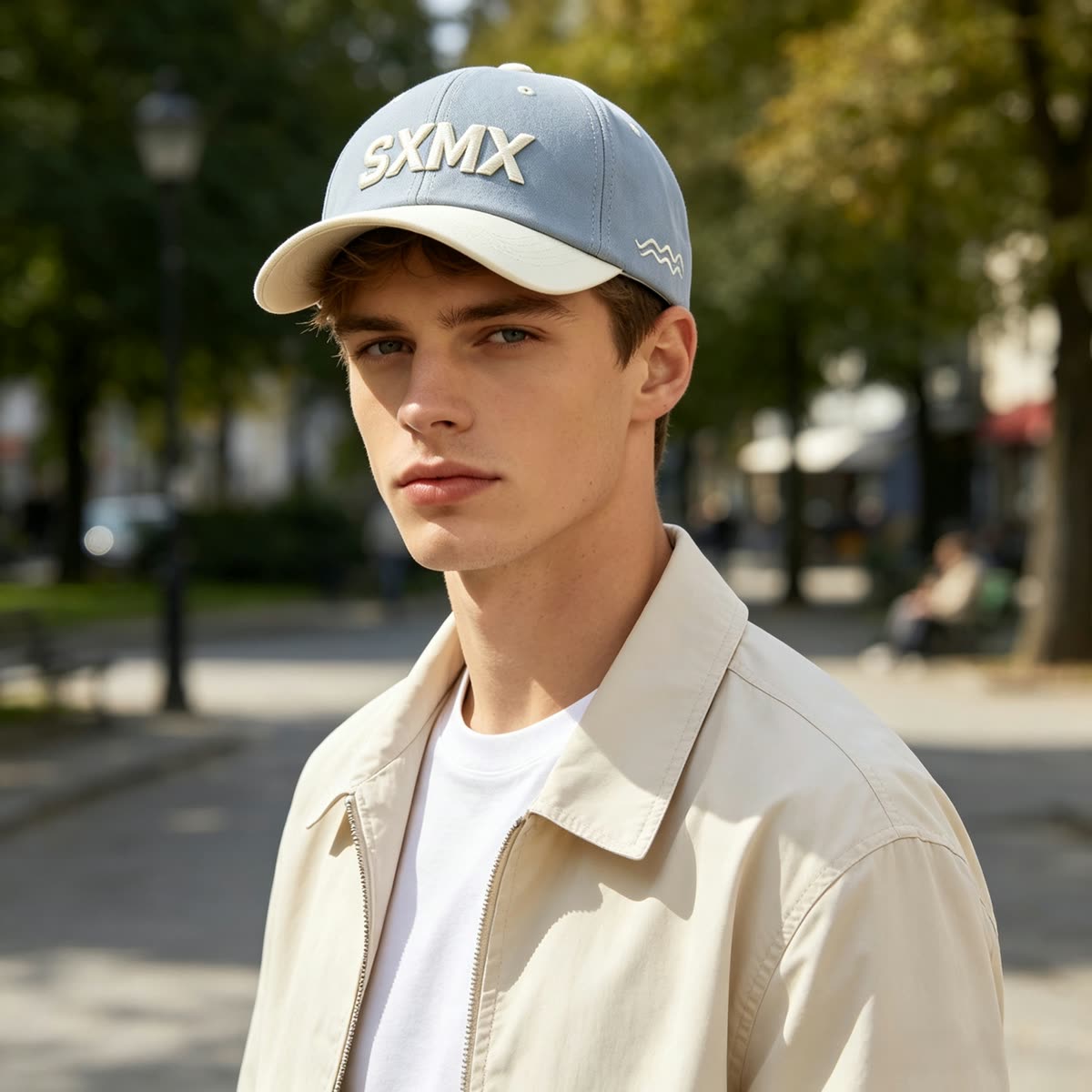 Custom Embroidered Lettering Dad Cap with Contrast Brim on model