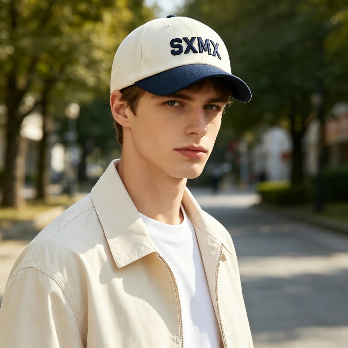Custom Embroidered Lettering Dad Cap with Contrast Brim on model