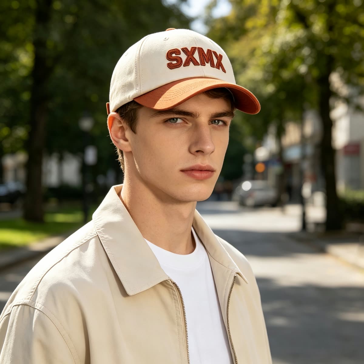 Custom Embroidered Lettering Dad Cap with Contrast Brim on model