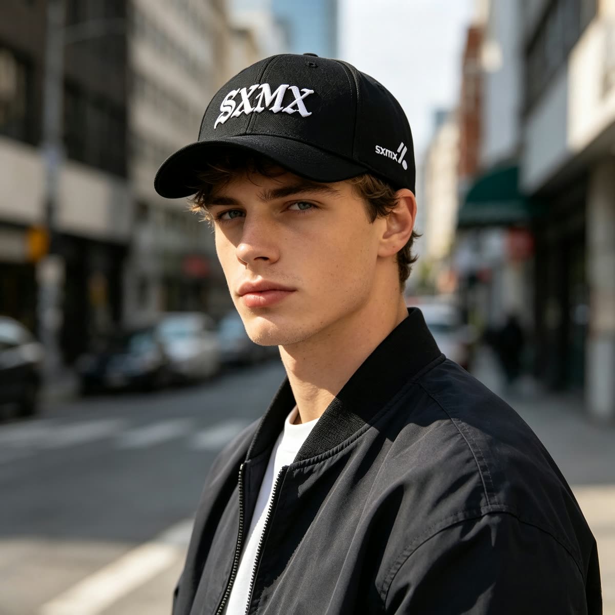 Custom Old English Embroidery Baseball Cap in Olive on model