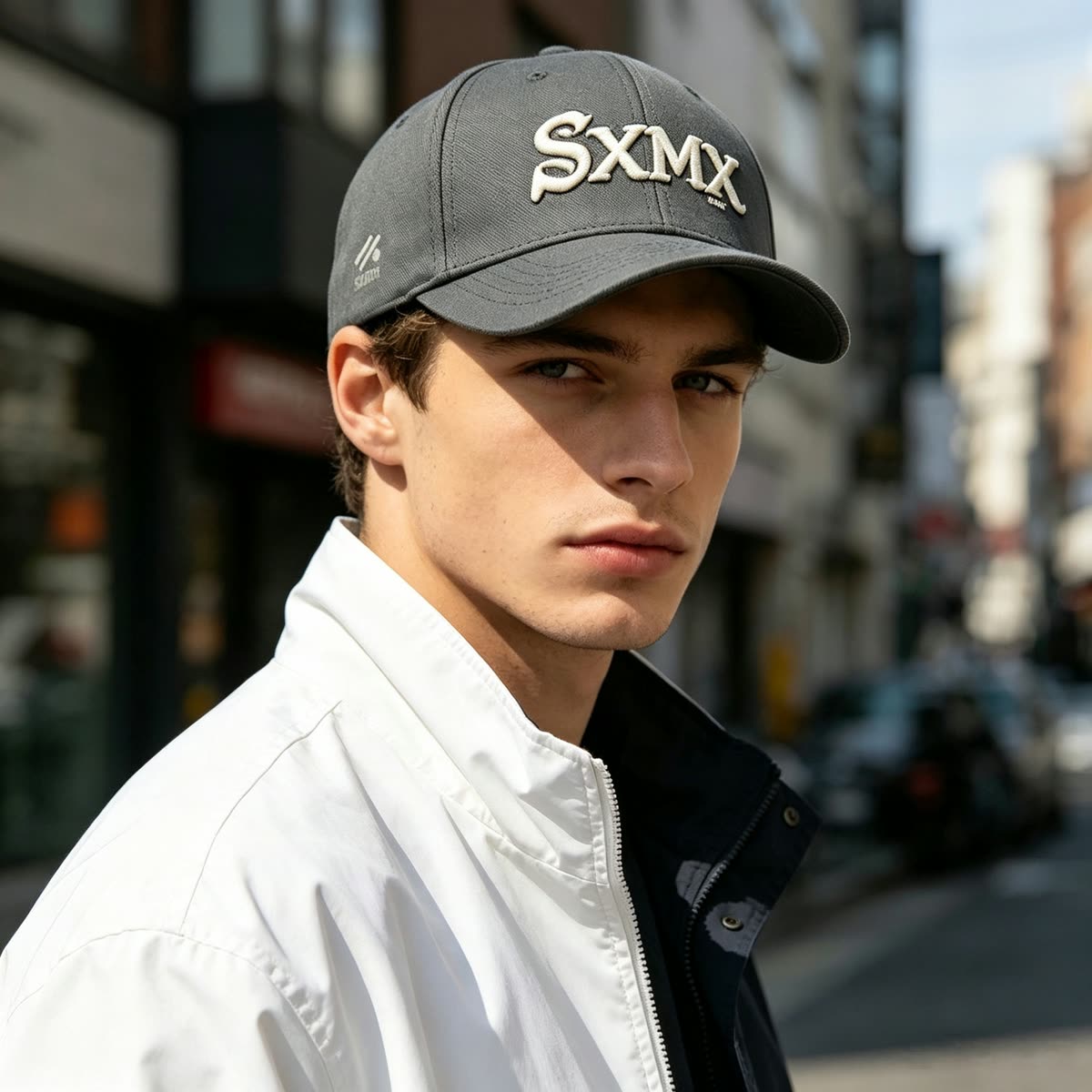 Custom Old English Embroidery Baseball Cap in Olive on model