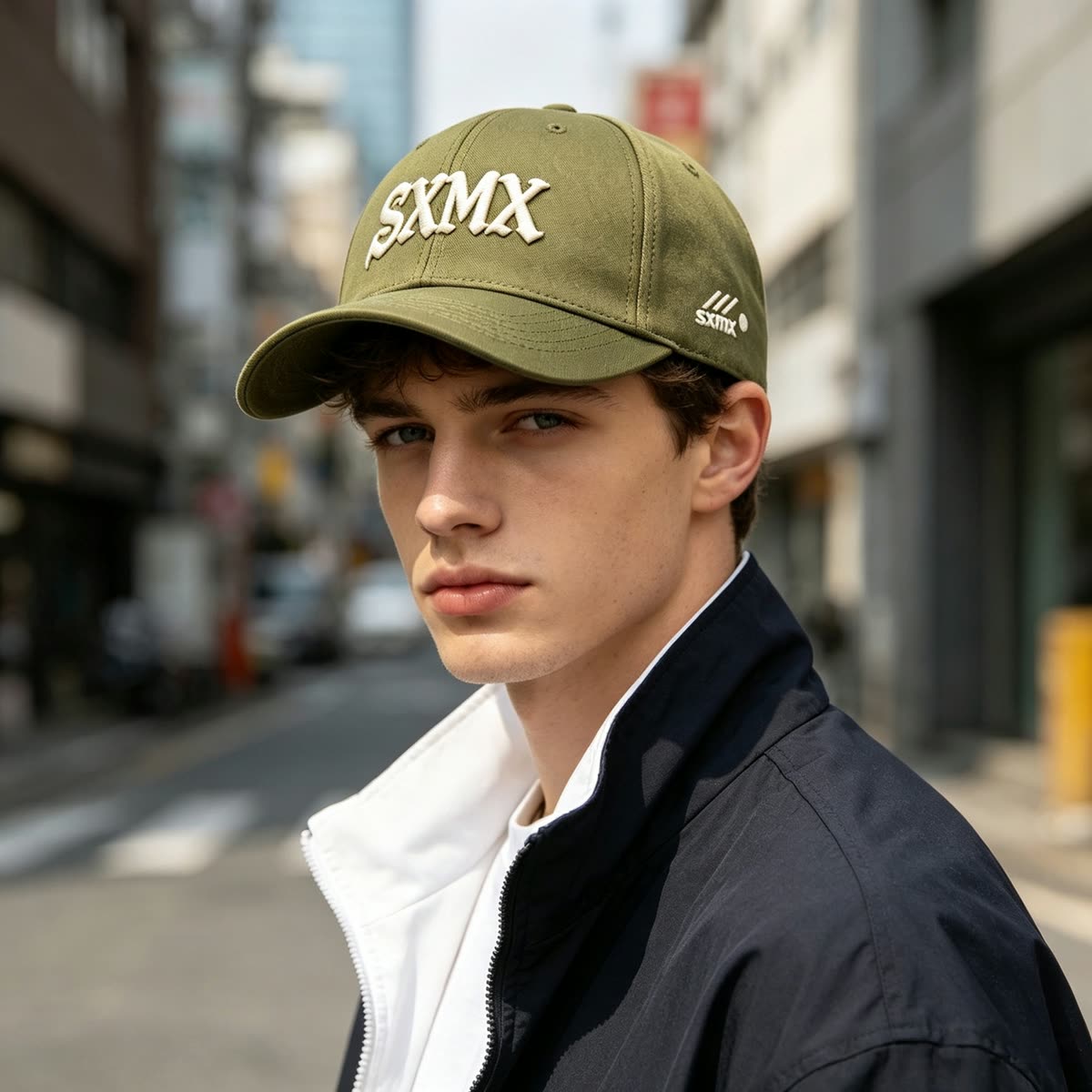 Custom Old English Embroidery Baseball Cap in Olive on model
