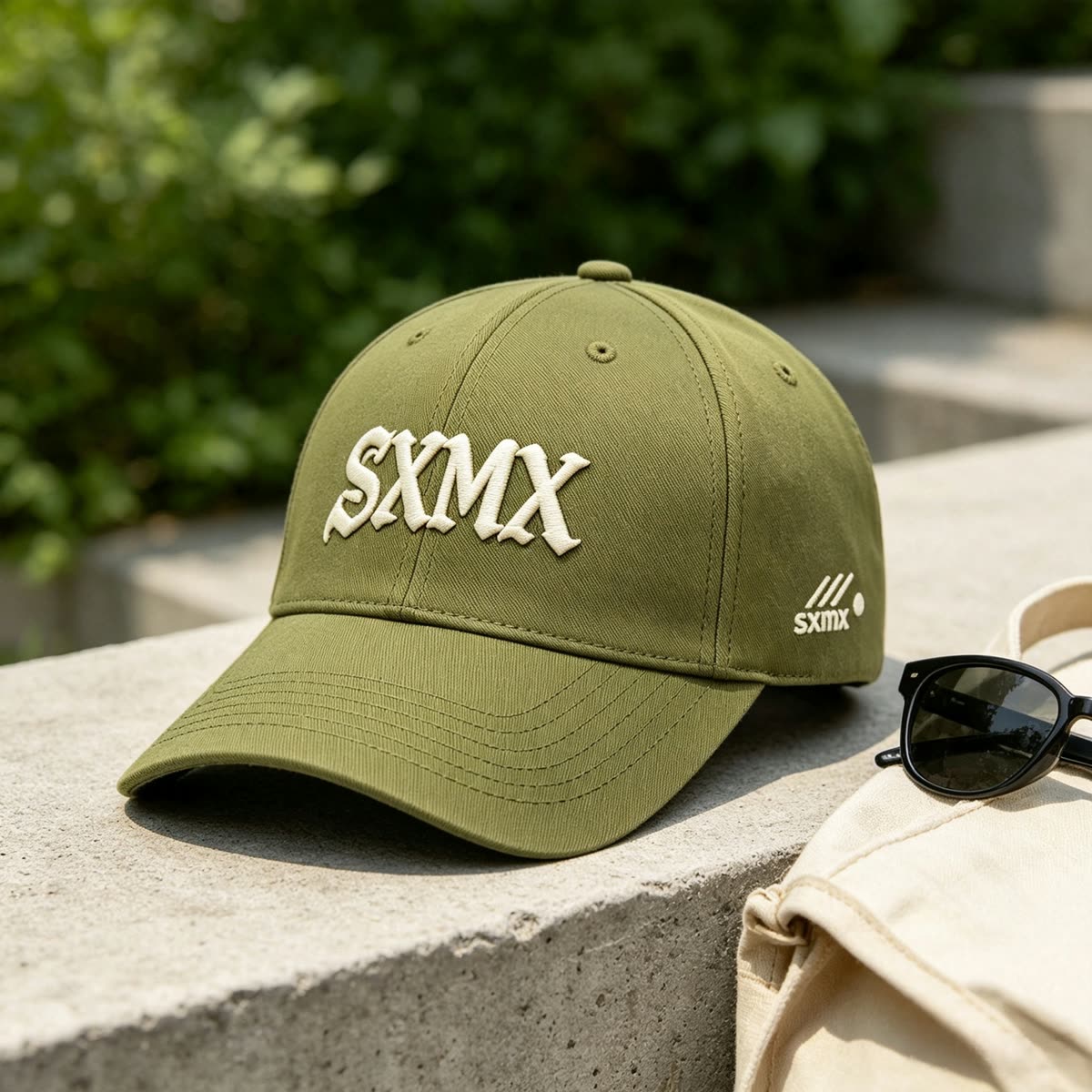 Custom Old English Embroidery Baseball Cap in Olive scene