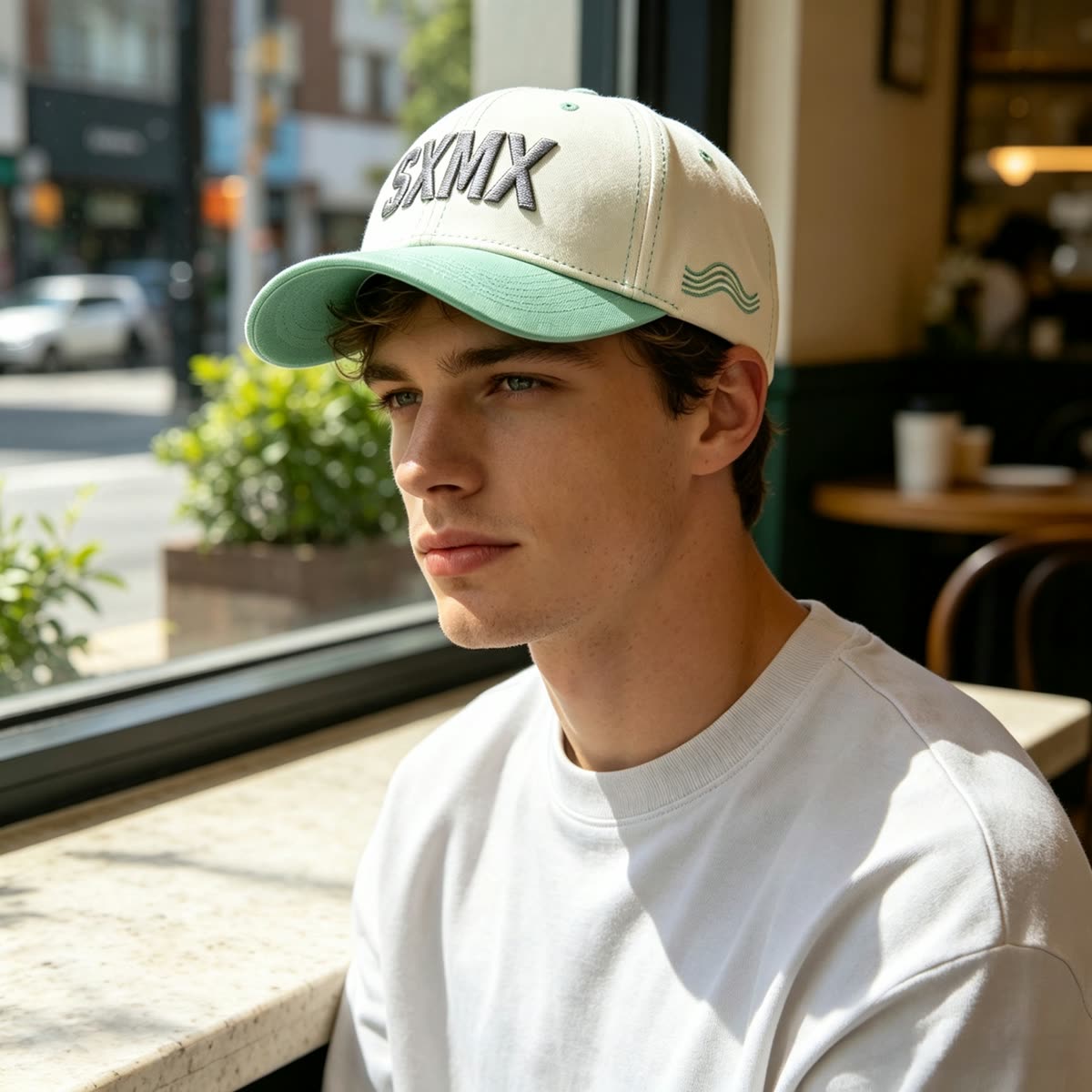 Custom White Embroidery Baseball Cap with Gray Brim on model