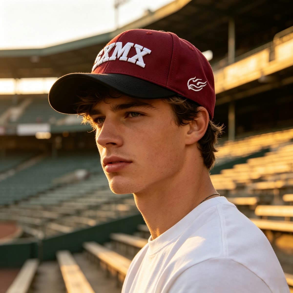 Custom White Embroidery Baseball Cap with Gray Brim on model