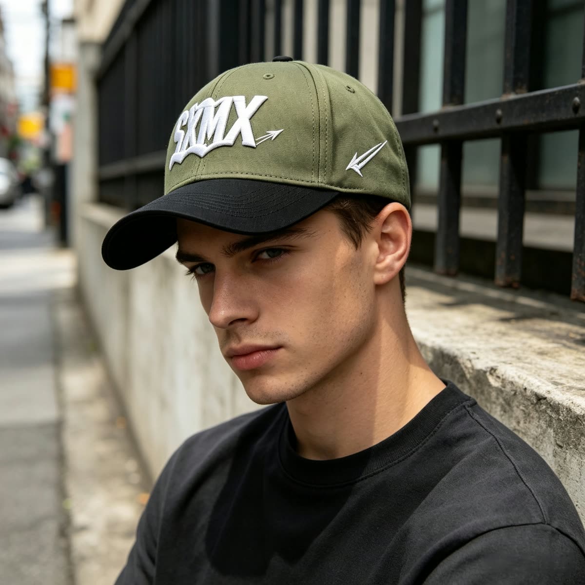 Custom White Embroidery Baseball Cap with Gray Brim on model