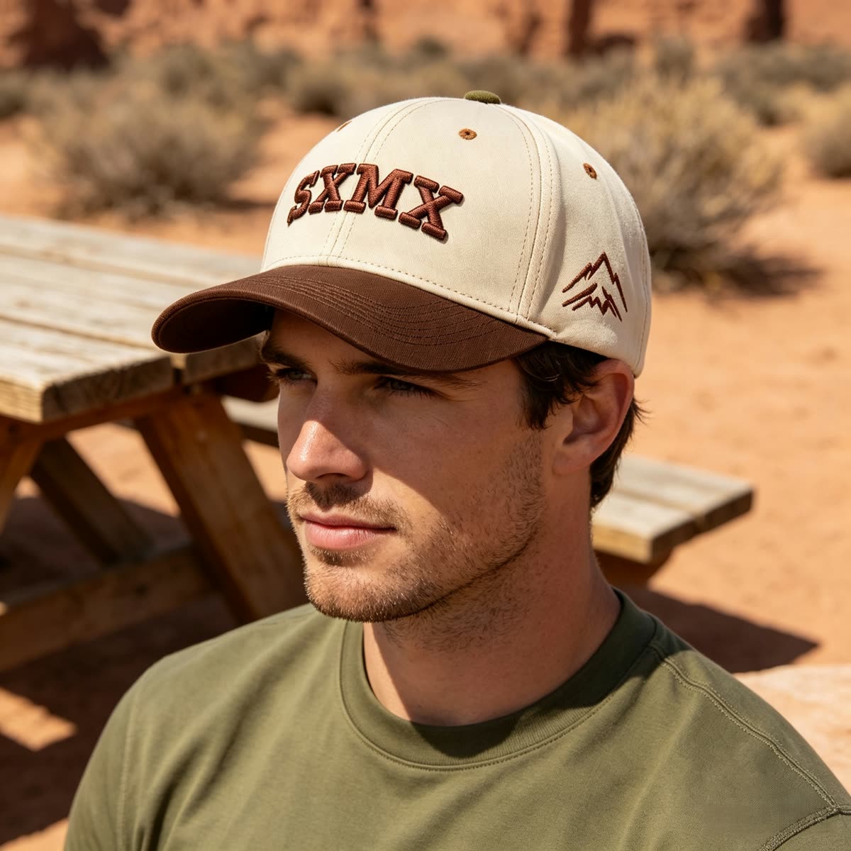 Custom White Embroidery Baseball Cap with Gray Brim on model