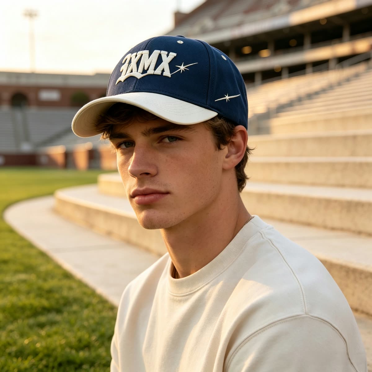 Custom White Embroidery Baseball Cap with Gray Brim on model