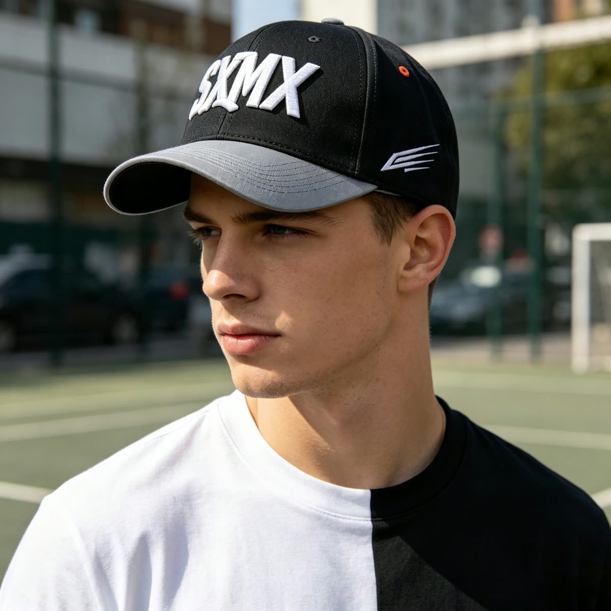 Custom White Embroidery Baseball Cap with Gray Brim on model