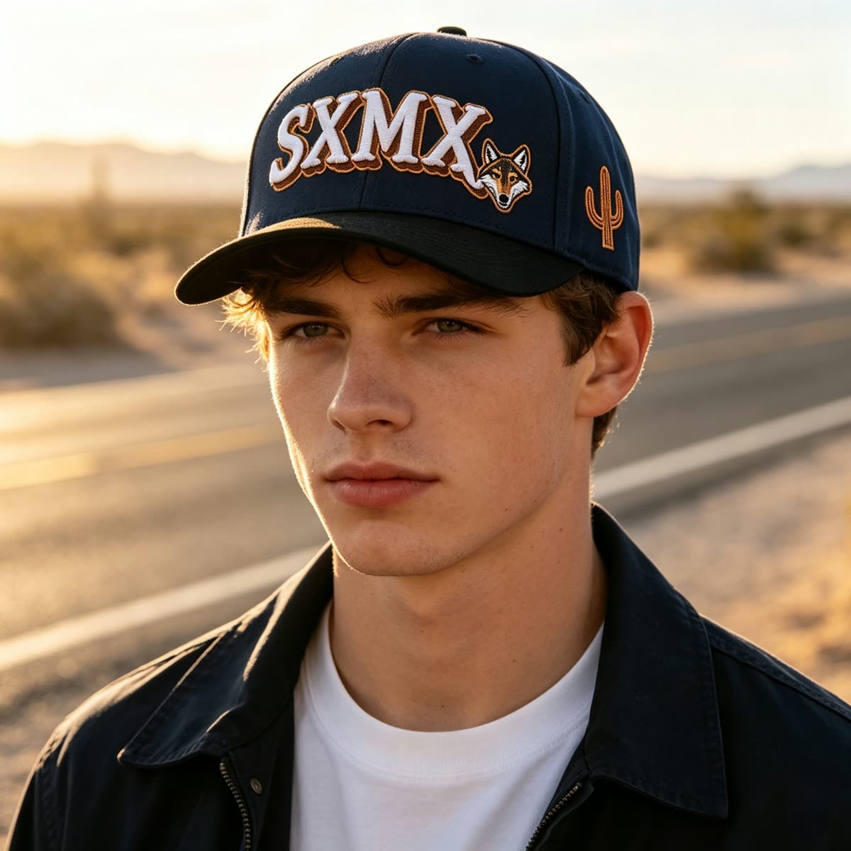 Custom Eagle Patch Flat Brim Cap with Winged Lettering on model
