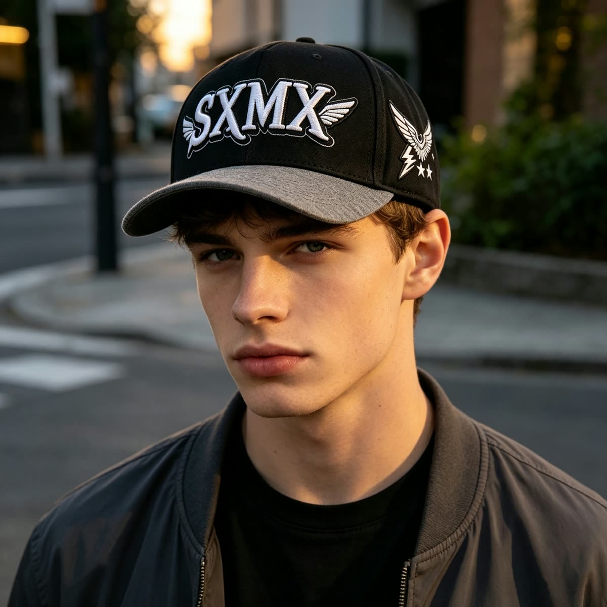 Custom Eagle Patch Flat Brim Cap with Winged Lettering on model