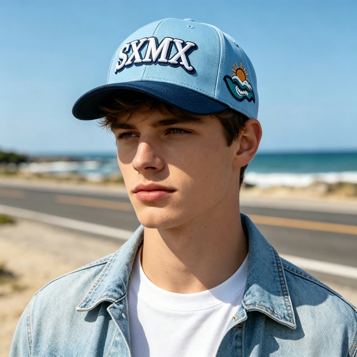 Custom Eagle Patch Flat Brim Cap with Winged Lettering on model