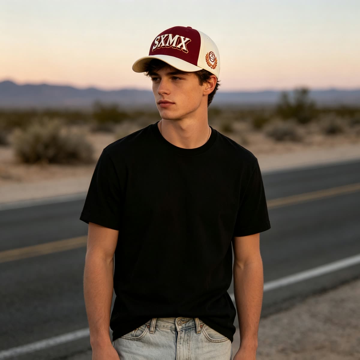 Custom Eagle Patch Flat Brim Cap with Winged Lettering on model