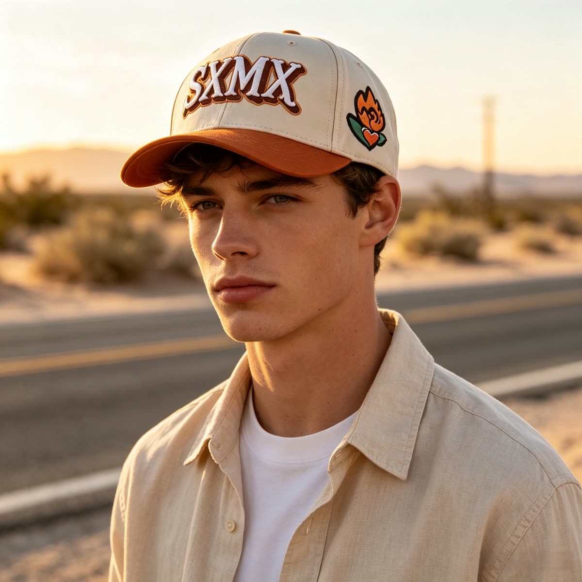 Custom Eagle Patch Flat Brim Cap with Winged Lettering on model