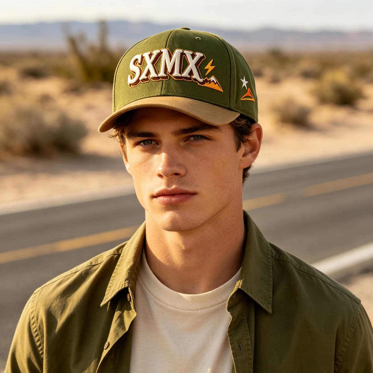 Custom Eagle Patch Flat Brim Cap with Winged Lettering on model