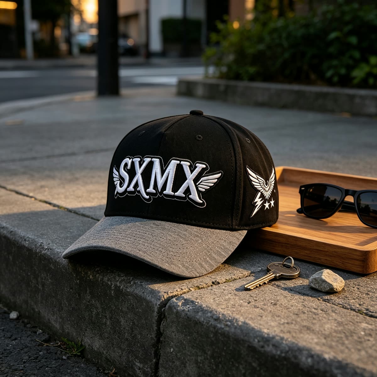 Custom Eagle Patch Flat Brim Cap with Winged Lettering scene