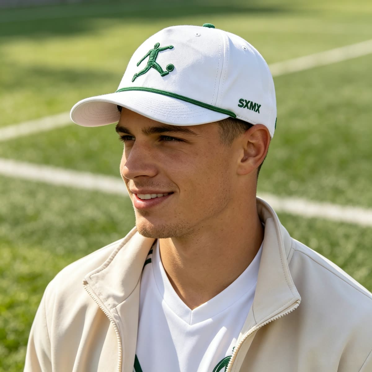 Custom Golf Rope Trim Baseball Cap with Embroidered Figure on model