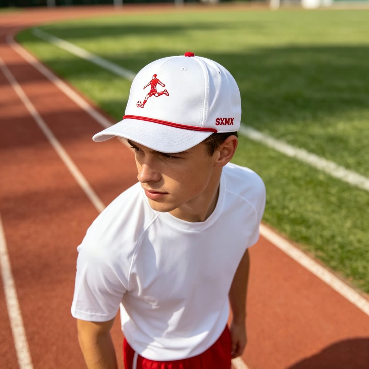 Custom Golf Rope Trim Baseball Cap with Embroidered Figure on model