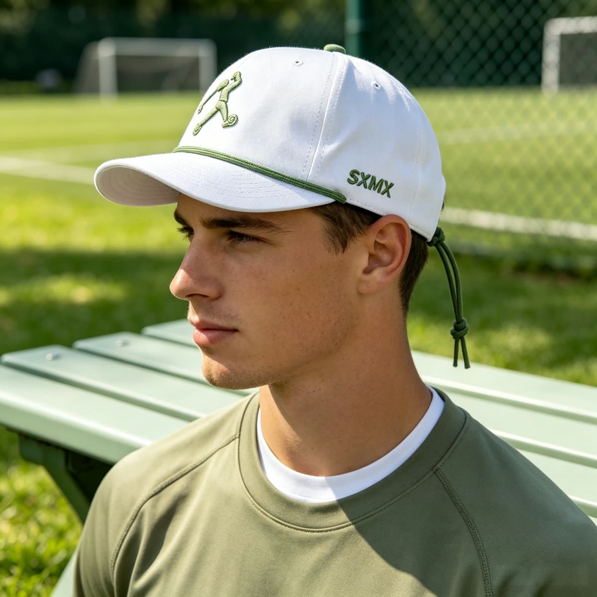 Custom Golf Rope Trim Baseball Cap with Embroidered Figure on model