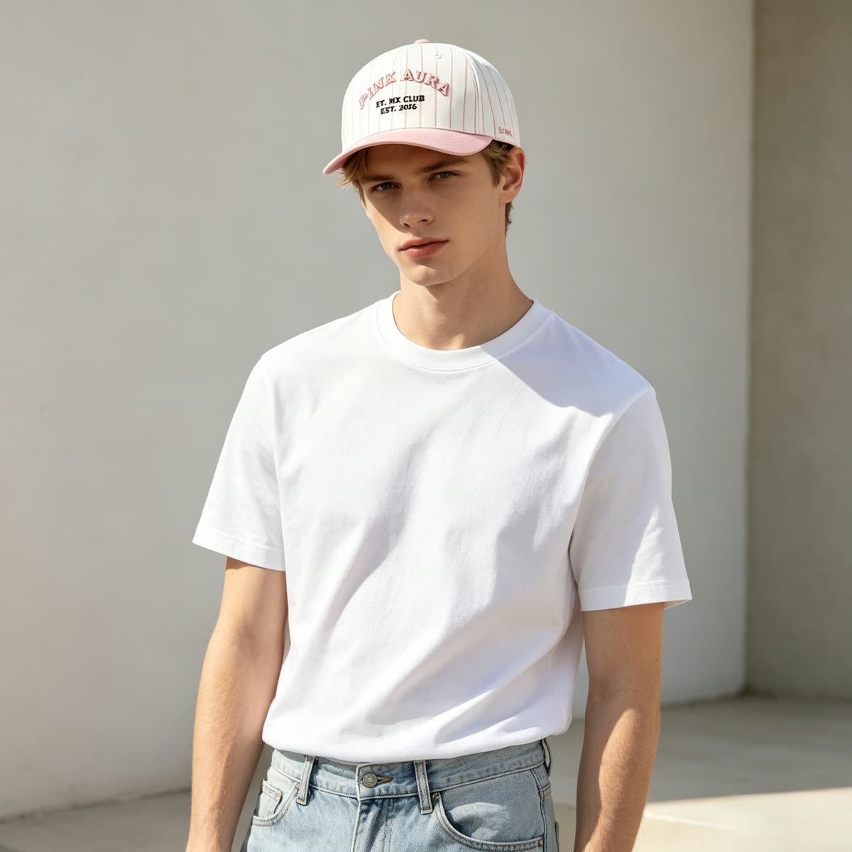 Custom Pinstripe Baseball Cap with Arched Embroidery on model