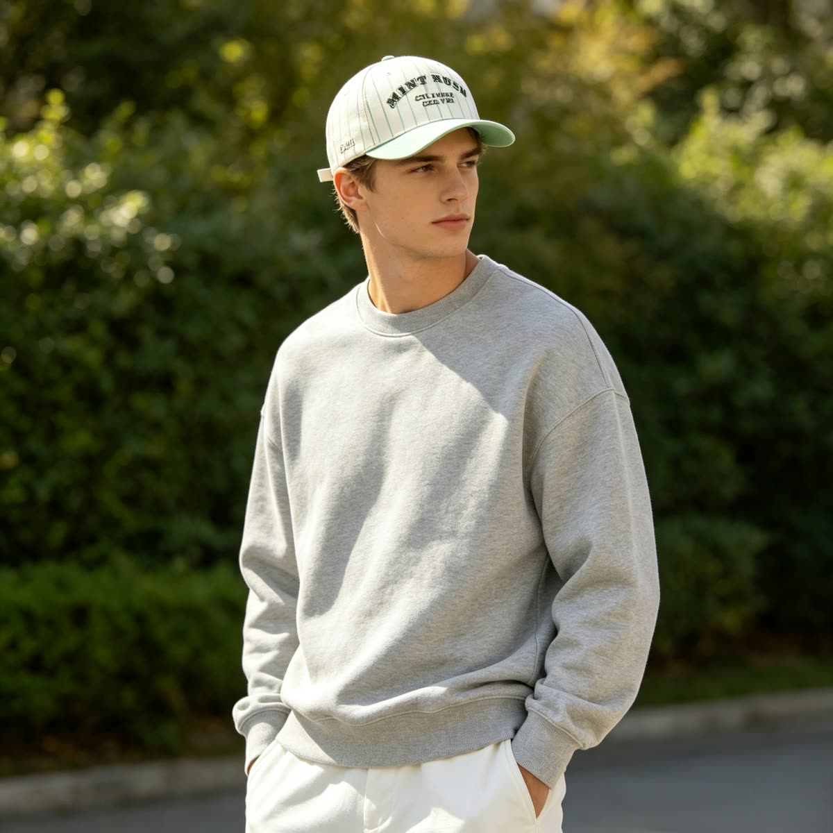 Custom Pinstripe Baseball Cap with Arched Embroidery on model
