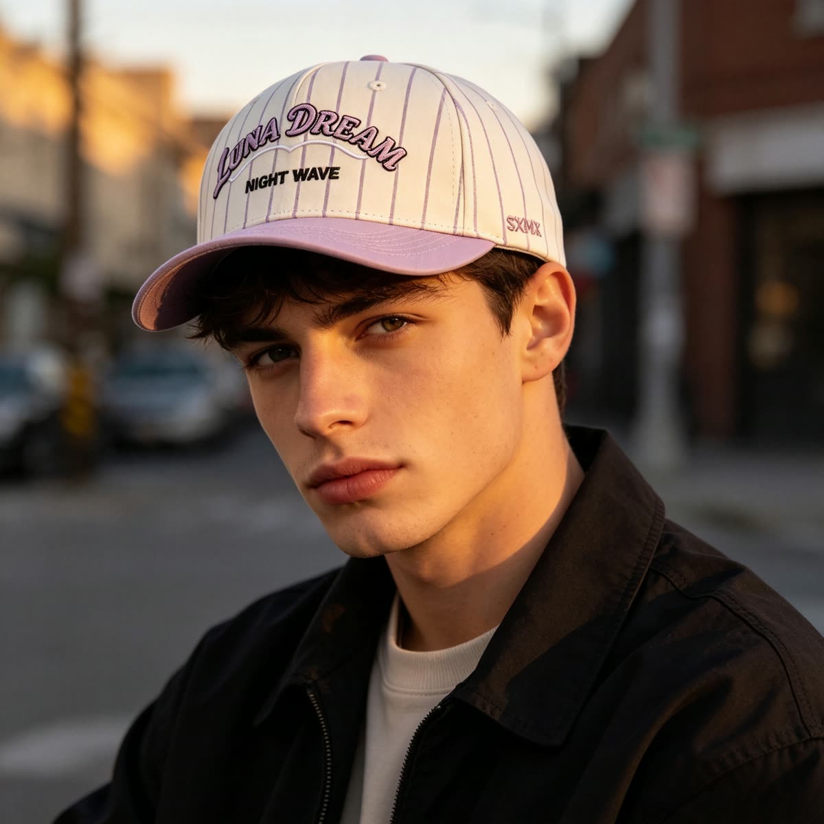 Custom Pinstripe Baseball Cap with Arched Embroidery on model