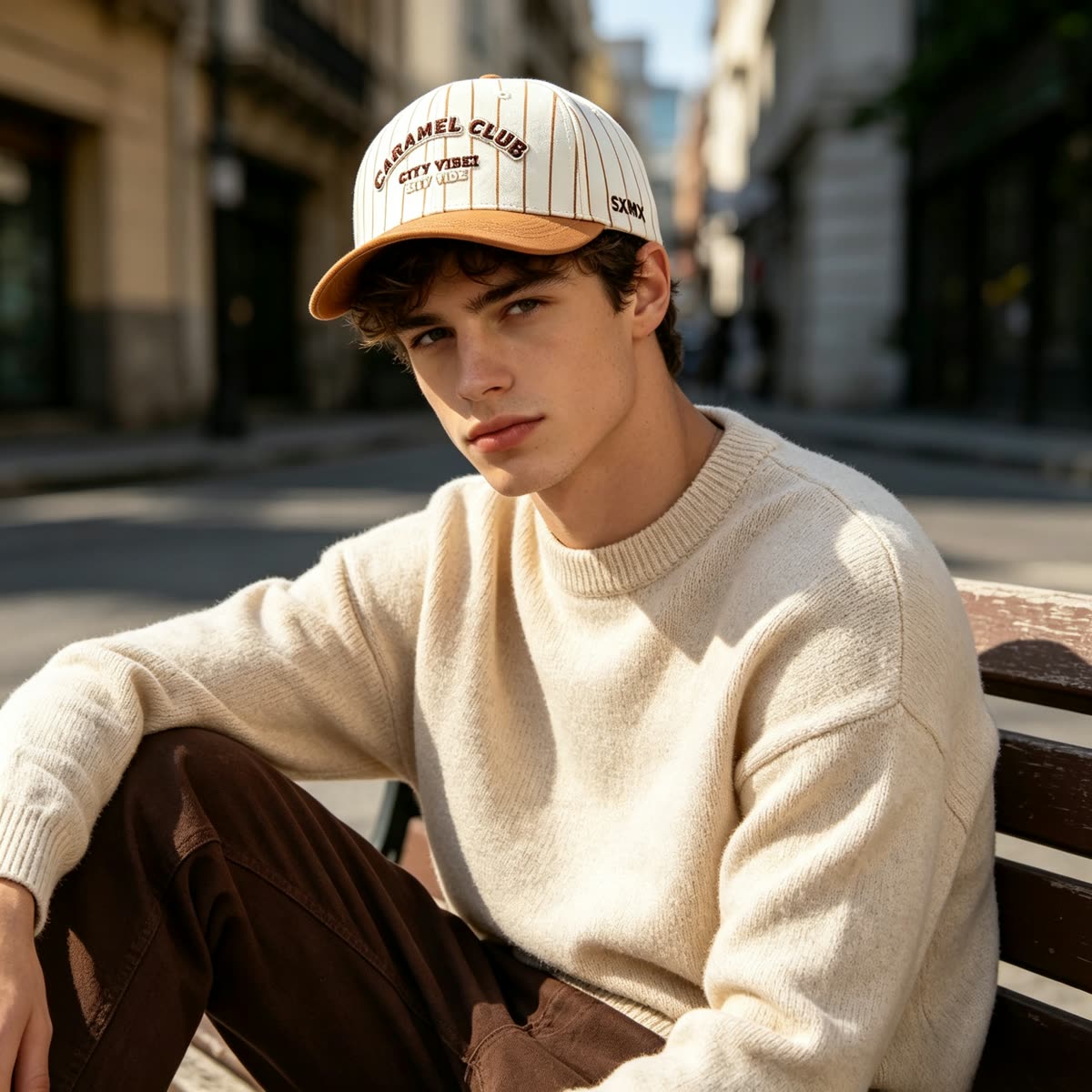 Custom Pinstripe Baseball Cap with Arched Embroidery on model