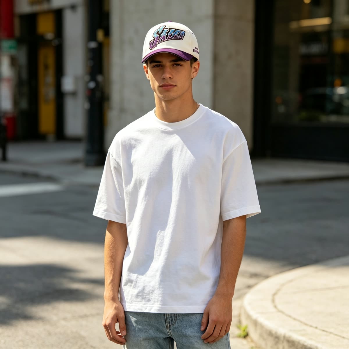 Custom Script Embroidery Camp Cap with Purple Brim on model