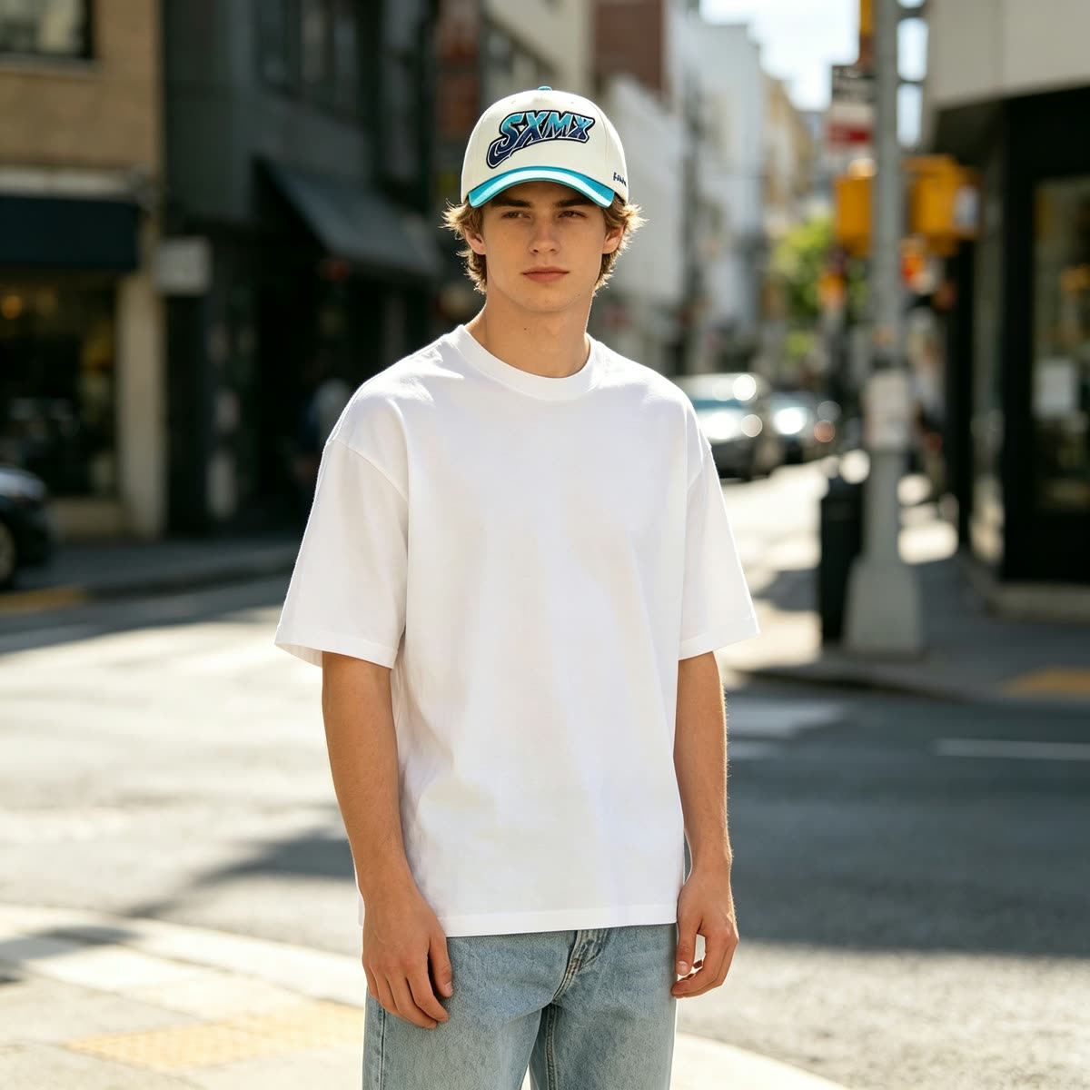 Custom Script Embroidery Camp Cap with Purple Brim on model