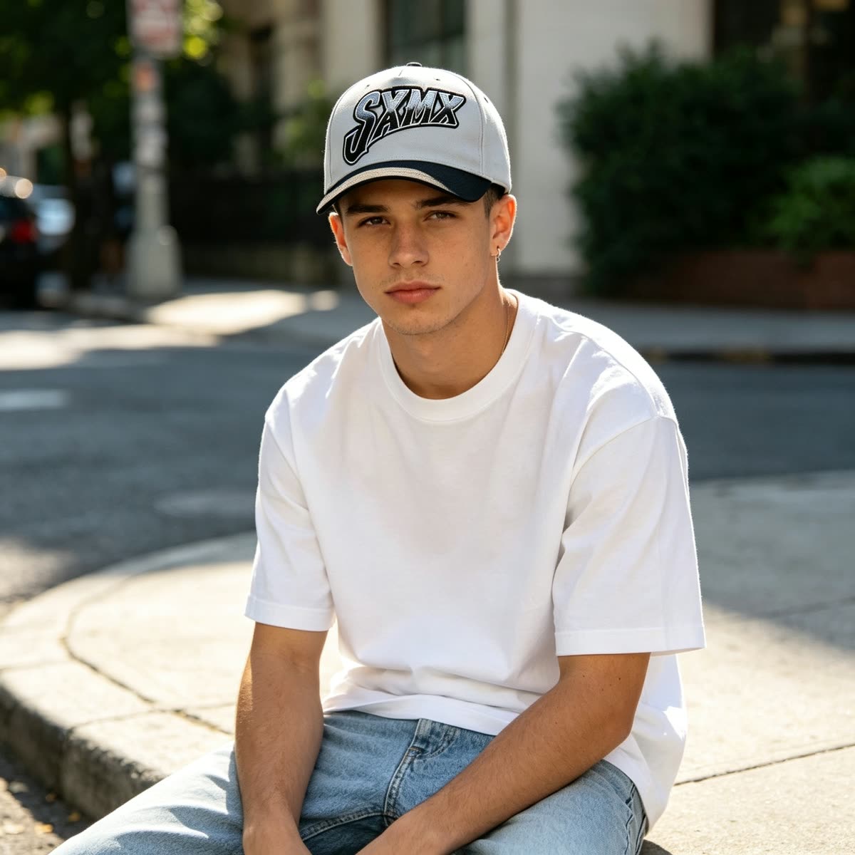 Custom Script Embroidery Camp Cap with Purple Brim on model