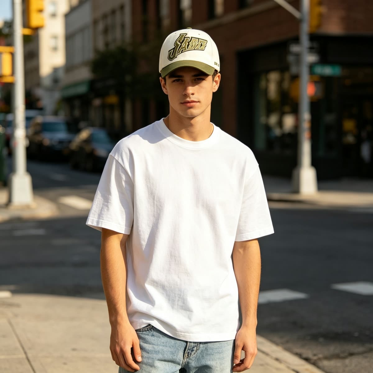 Custom Script Embroidery Camp Cap with Purple Brim on model