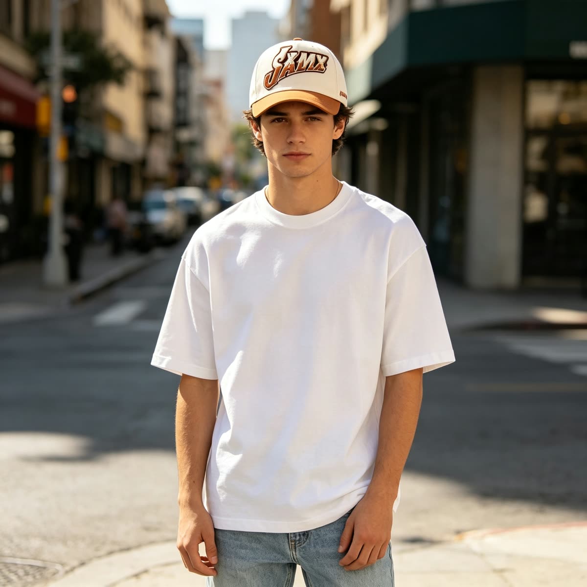 Custom Script Embroidery Camp Cap with Purple Brim on model