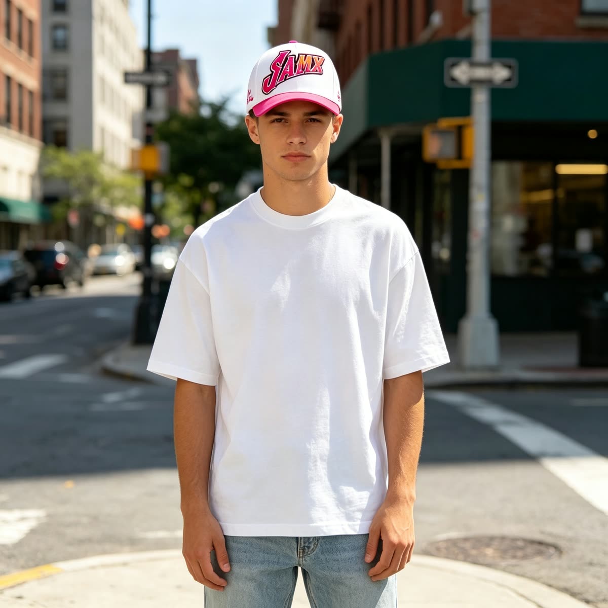 Custom Script Embroidery Camp Cap with Purple Brim on model