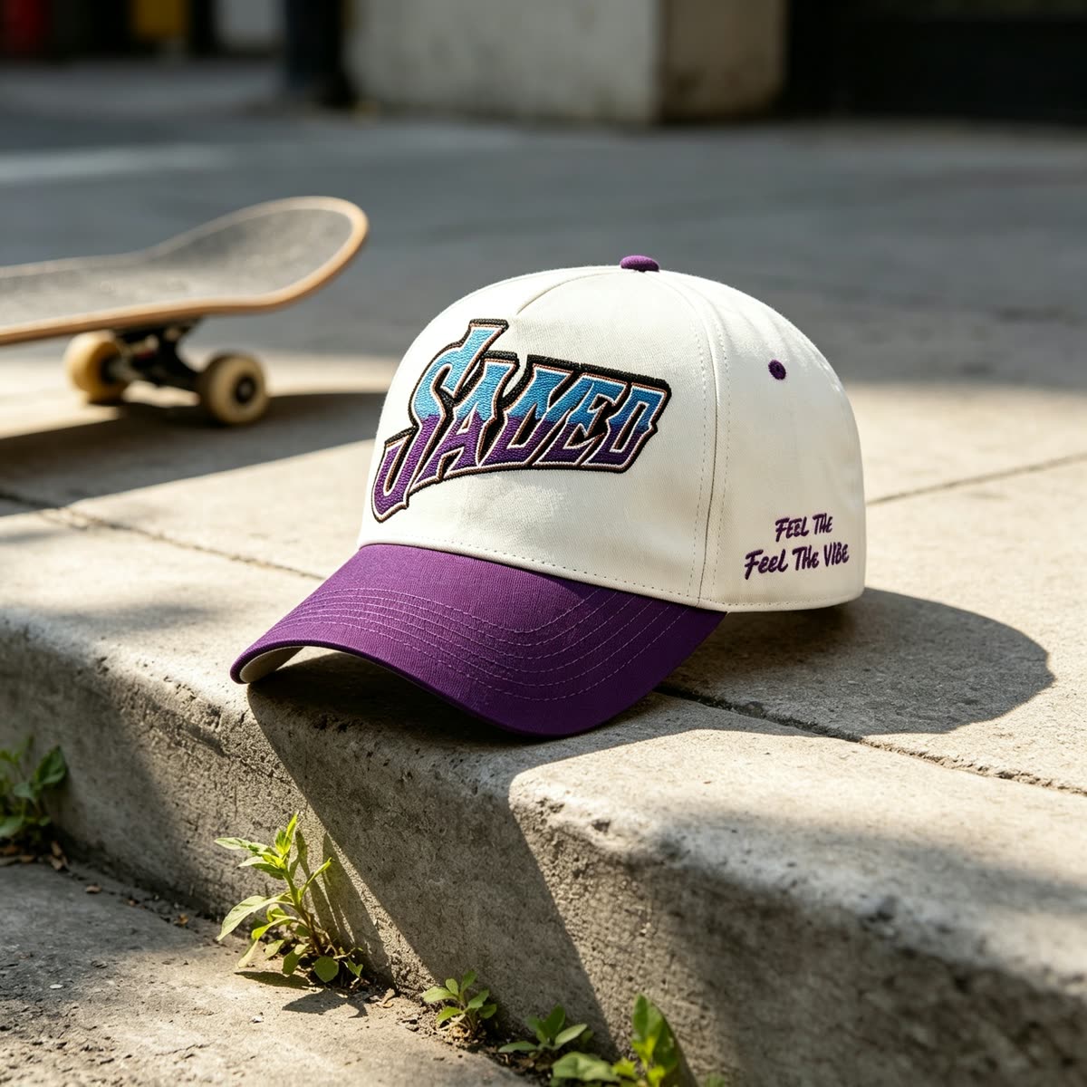 Custom Script Embroidery Camp Cap with Purple Brim scene