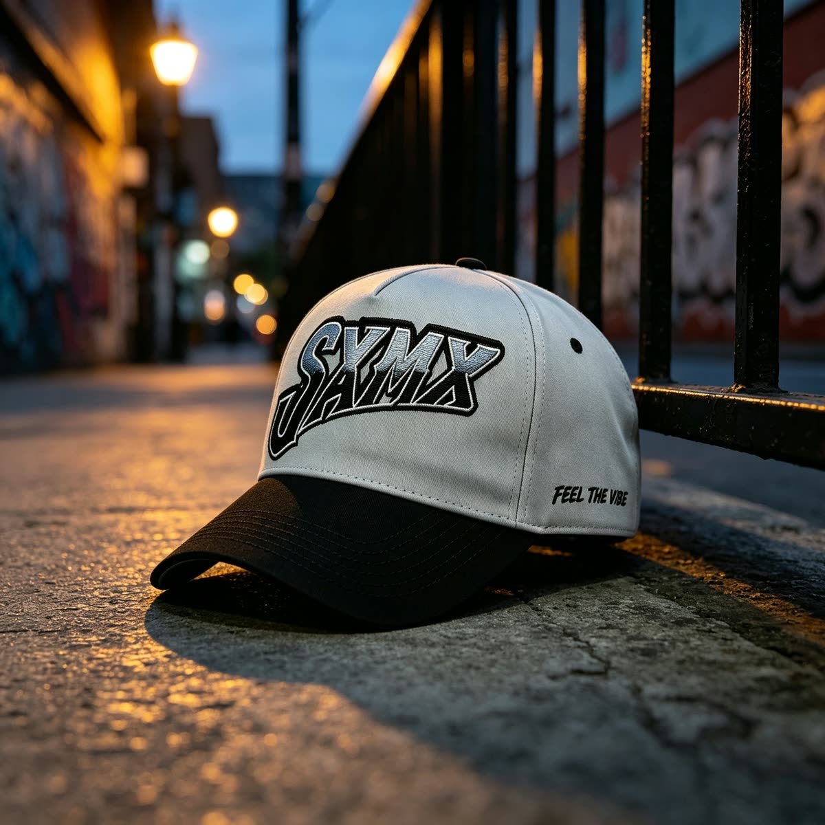Custom Script Embroidery Camp Cap with Purple Brim scene
