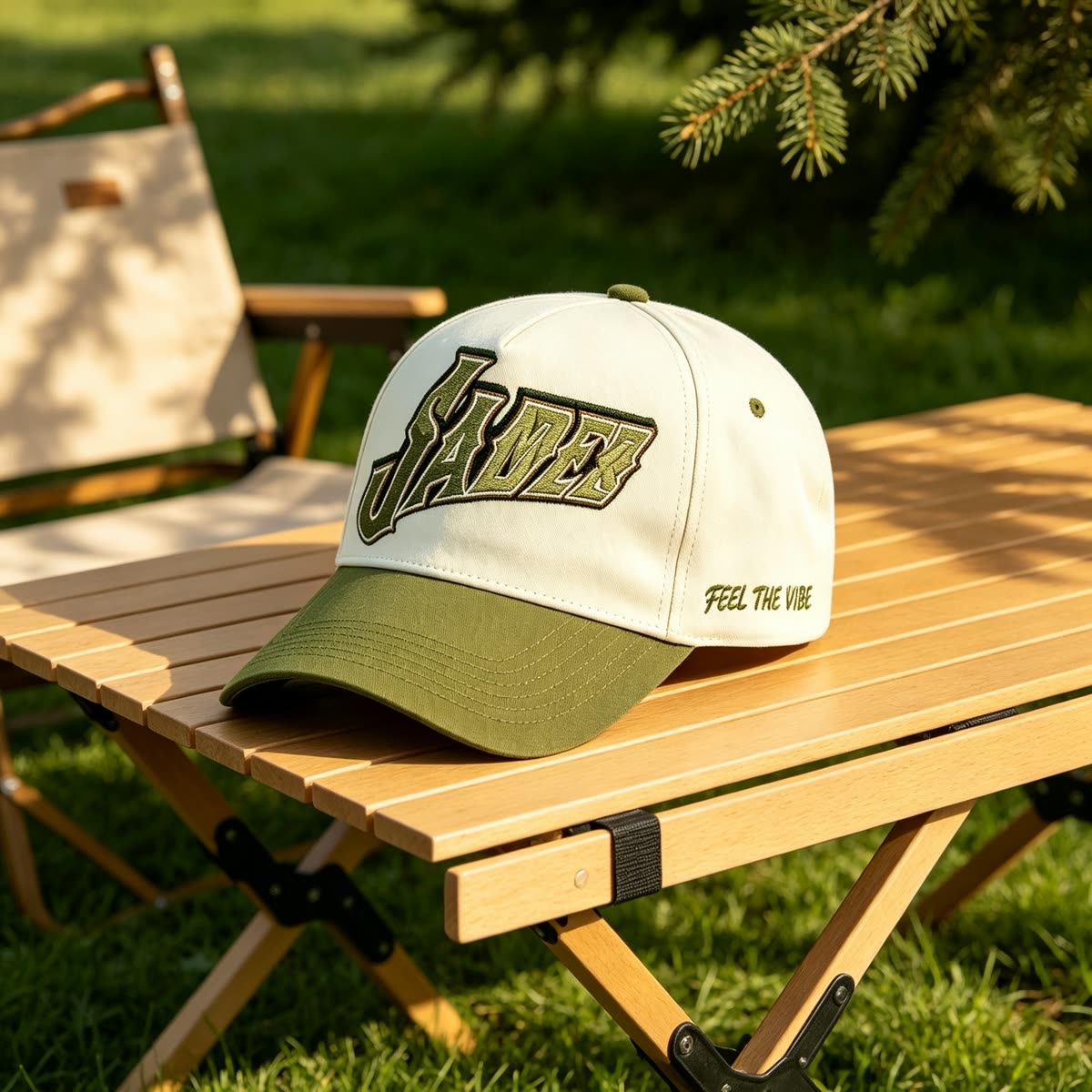 Custom Script Embroidery Camp Cap with Purple Brim scene