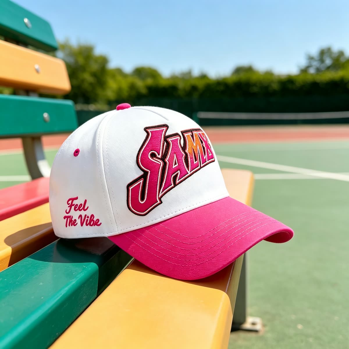 Custom Script Embroidery Camp Cap with Purple Brim scene