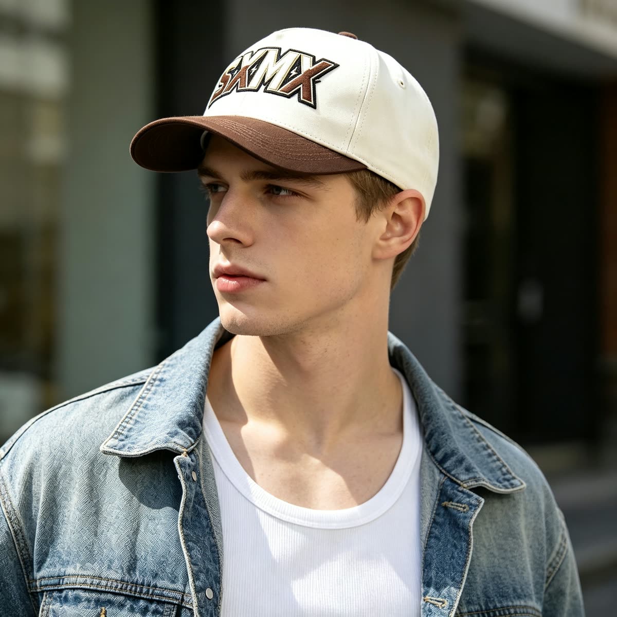 Custom Varsity Lettering Baseball Cap with Two-Tone Design on model