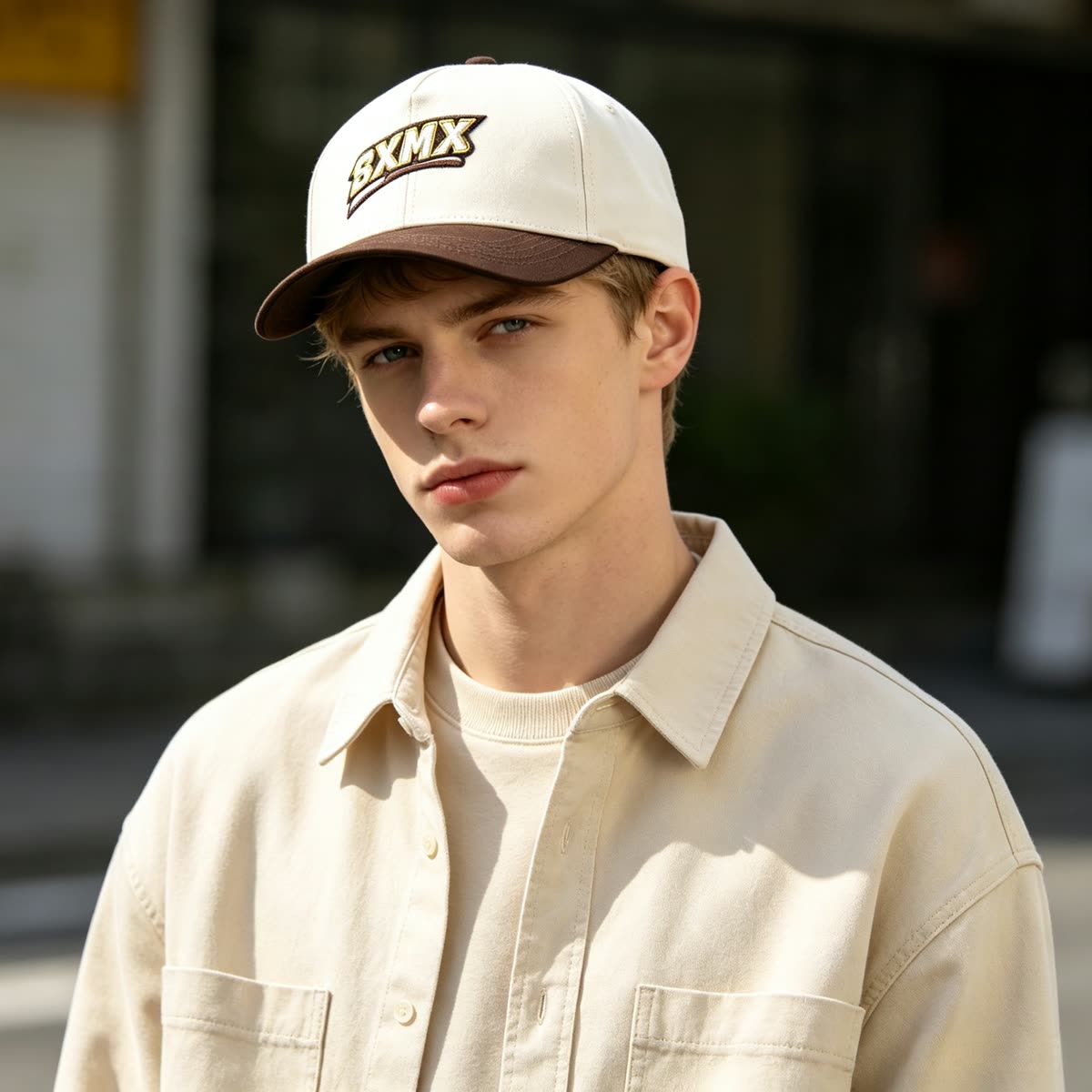 Custom Varsity Lettering Baseball Cap with Two-Tone Design on model