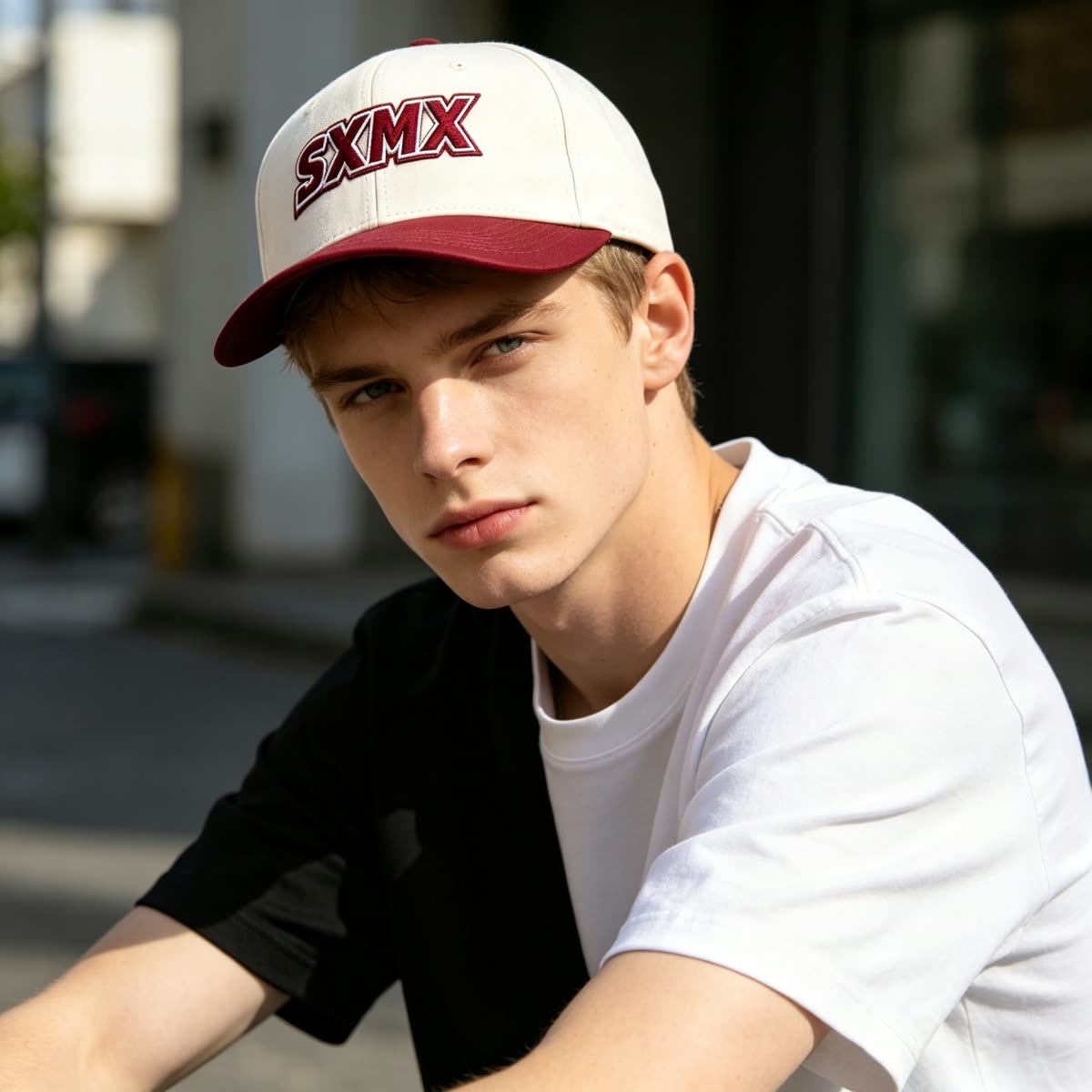 Custom Varsity Lettering Baseball Cap with Two-Tone Design on model